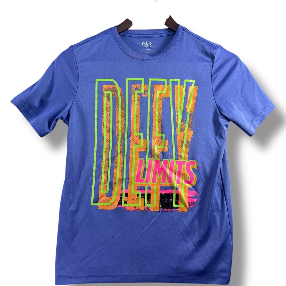 Athletic Works Short‎ Sleeve Tee Boys L 10-12 Blue Neon Graphic Colors